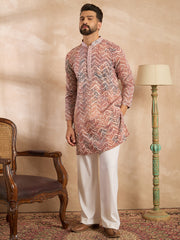 Ethnic Bay Men Orange Silk Blend Solid Embroidered Straight Kurta-MKU1731