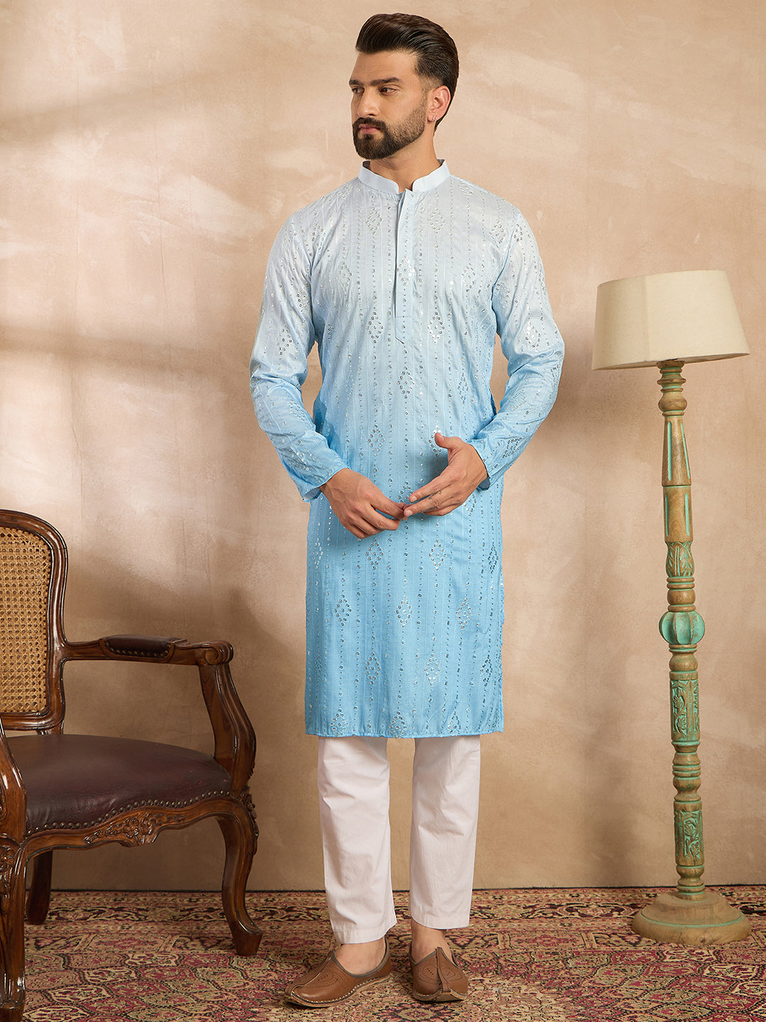 Ethnic Bay Men Blue Silk Blend Ombre Embroidered Straight Kurta