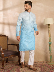 Ethnic Bay Men Blue Silk Blend Ombre Embroidered Straight Kurta-MKU1732