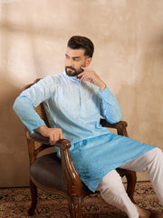 Ethnic Bay Men Blue Silk Blend Ombre Embroidered Straight Kurta-MKU1732