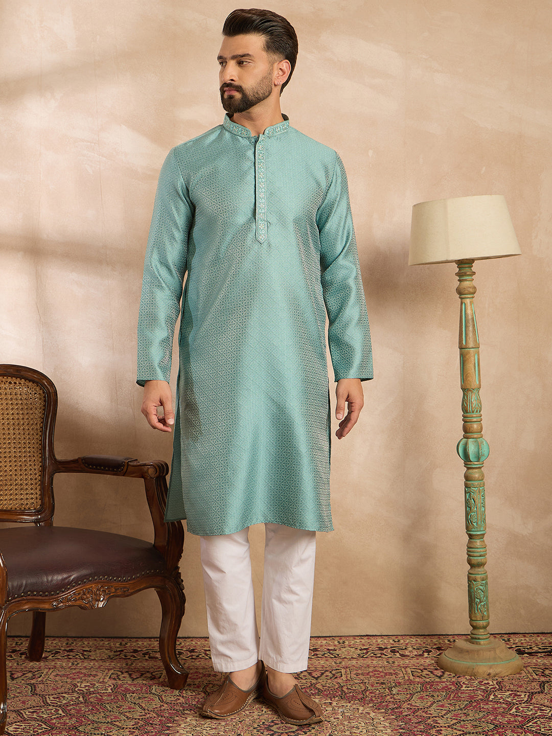 Ethnic Bay Men Green Polyester Solid Embroidered Straight Kurta