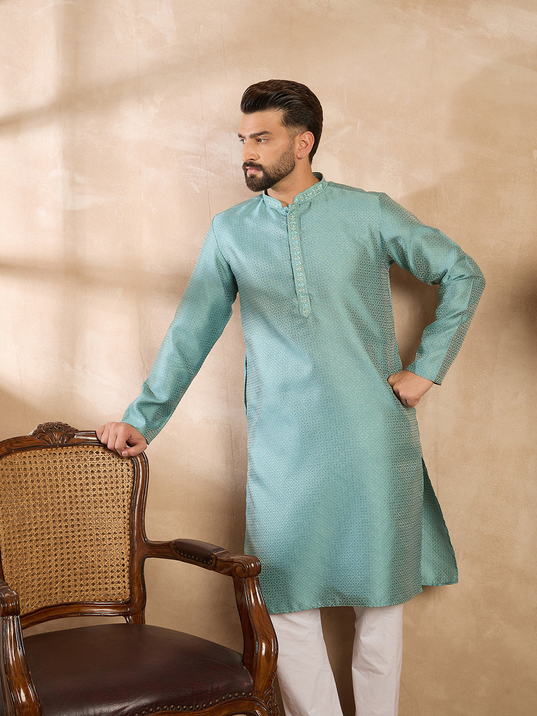 Ethnic Bay Men Green Polyester Solid Embroidered Straight Kurta
