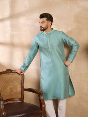 Ethnic Bay Men Green Polyester Solid Embroidered Straight Kurta-MKU1735