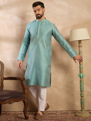 Ethnic Bay Men Green Polyester Solid Embroidered Straight Kurta-MKU1735