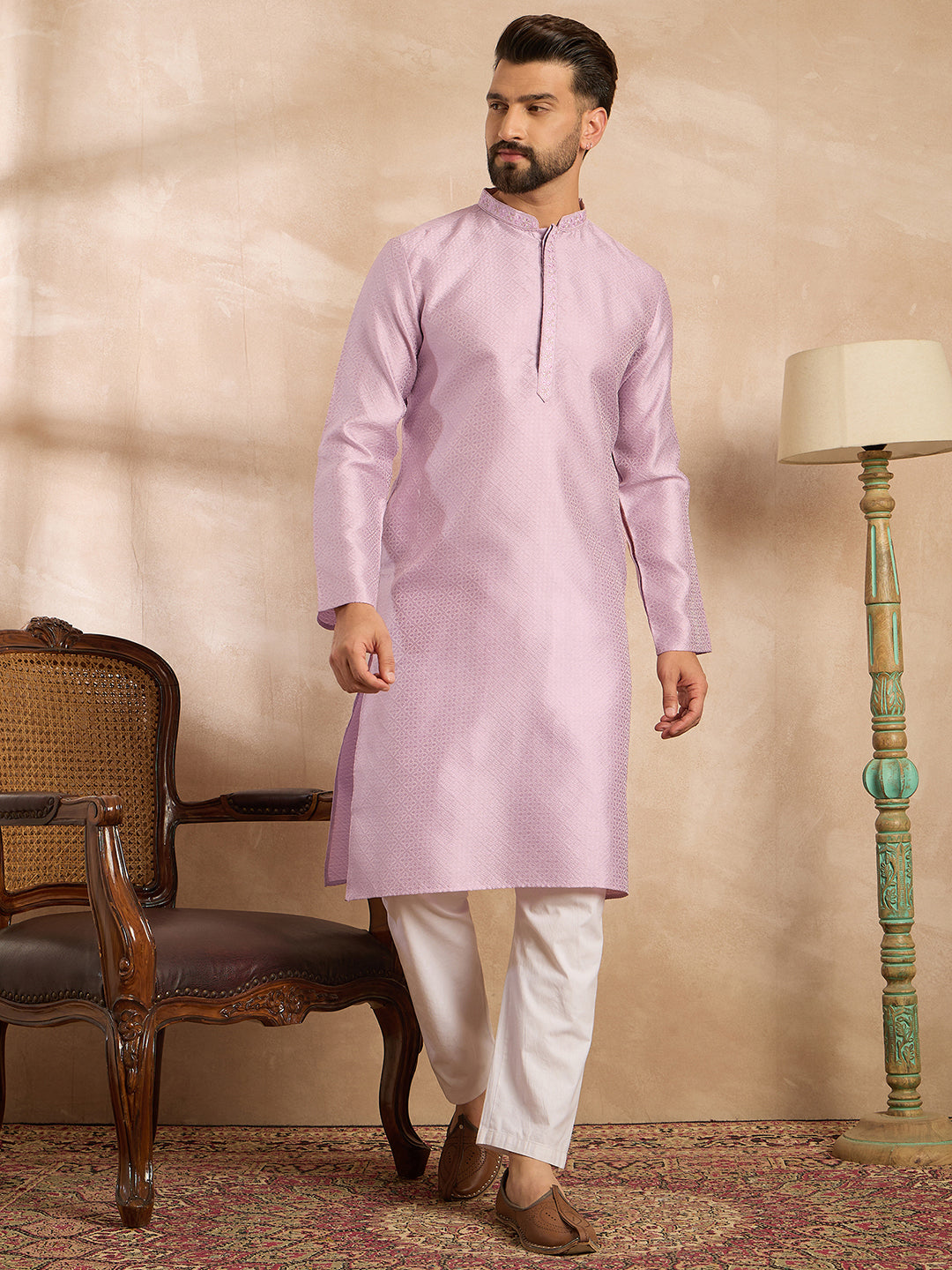 Ethnic Bay Men Lavender Polyester Solid Embroidered Straight Kurta