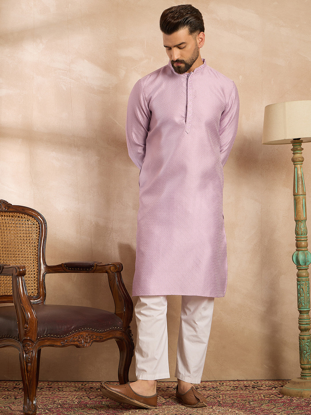 Ethnic Bay Men Lavender Polyester Solid Embroidered Straight Kurta