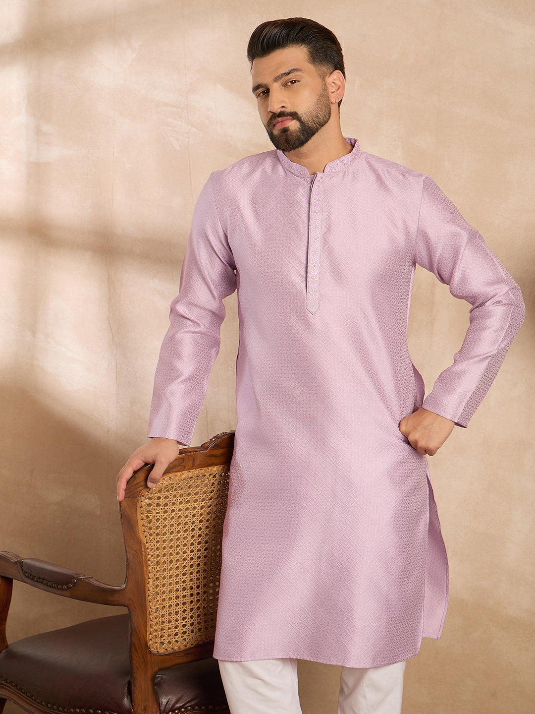 Ethnic Bay Men Lavender Polyester Solid Embroidered Straight Kurta