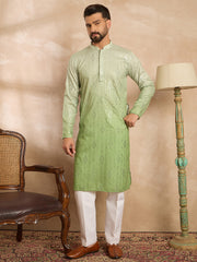 Ethnic Bay Men Green Silk Blend Ombre Embroidered Straight Kurta-MKU1738