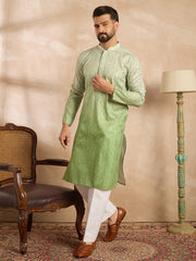 Ethnic Bay Men Green Silk Blend Ombre Embroidered Straight Kurta-MKU1738