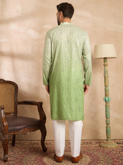 Ethnic Bay Men Green Silk Blend Ombre Embroidered Straight Kurta-MKU1738