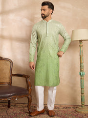 Ethnic Bay Men Green Silk Blend Ombre Embroidered Straight Kurta-MKU1738