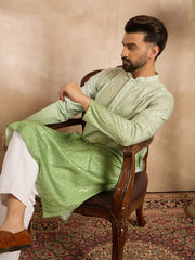 Ethnic Bay Men Green Silk Blend Ombre Embroidered Straight Kurta-MKU1738