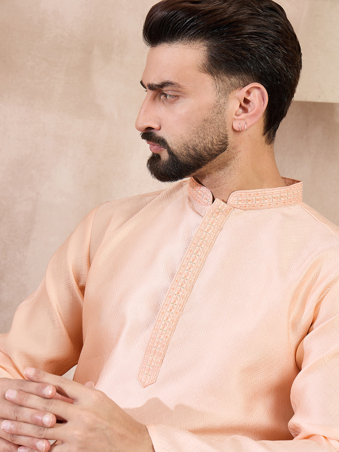 Ethnic Bay Men Peach Silk Blend Solid Embroidered Straight Kurta