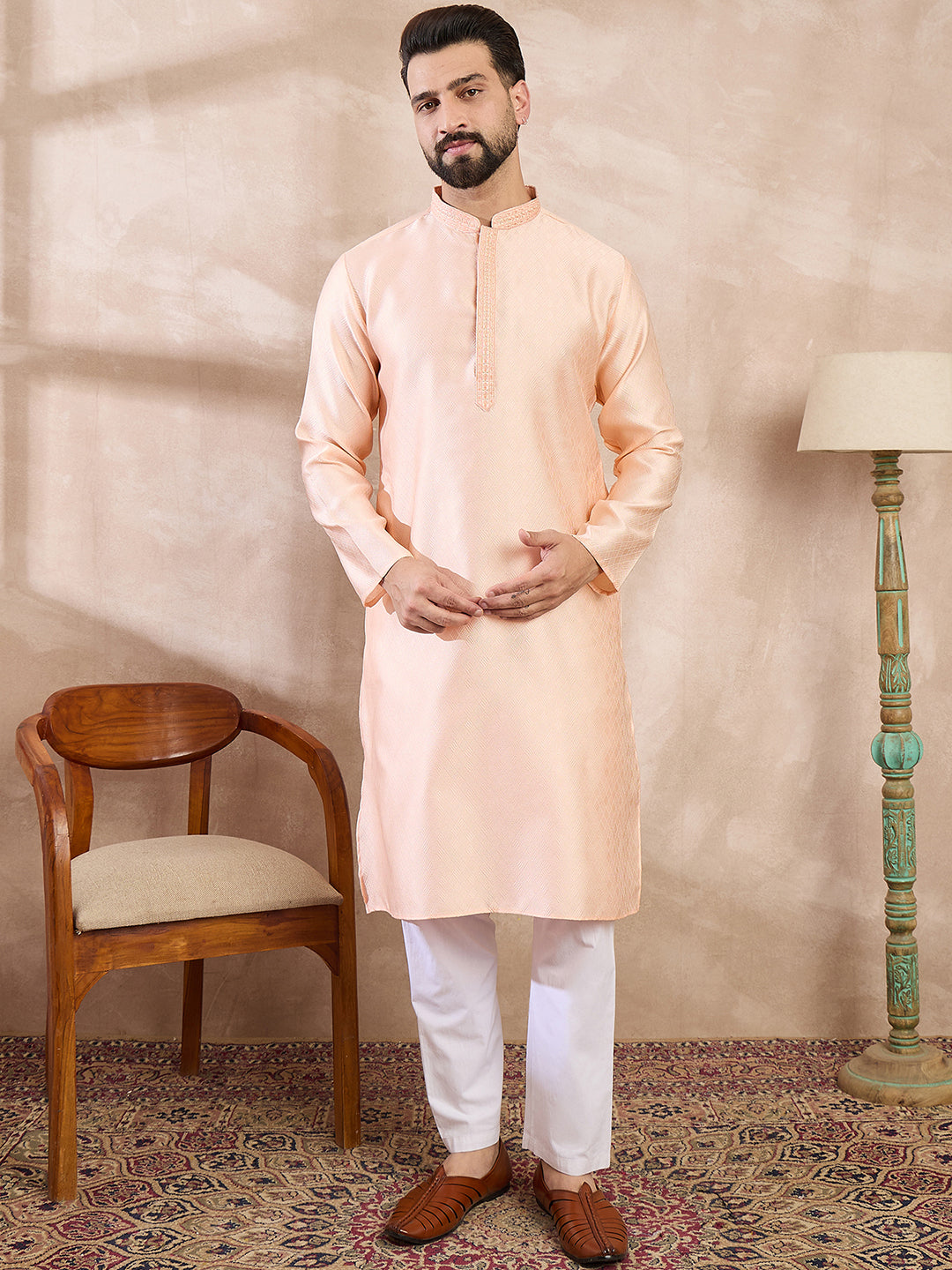 Ethnic Bay Men Peach Silk Blend Solid Embroidered Straight Kurta