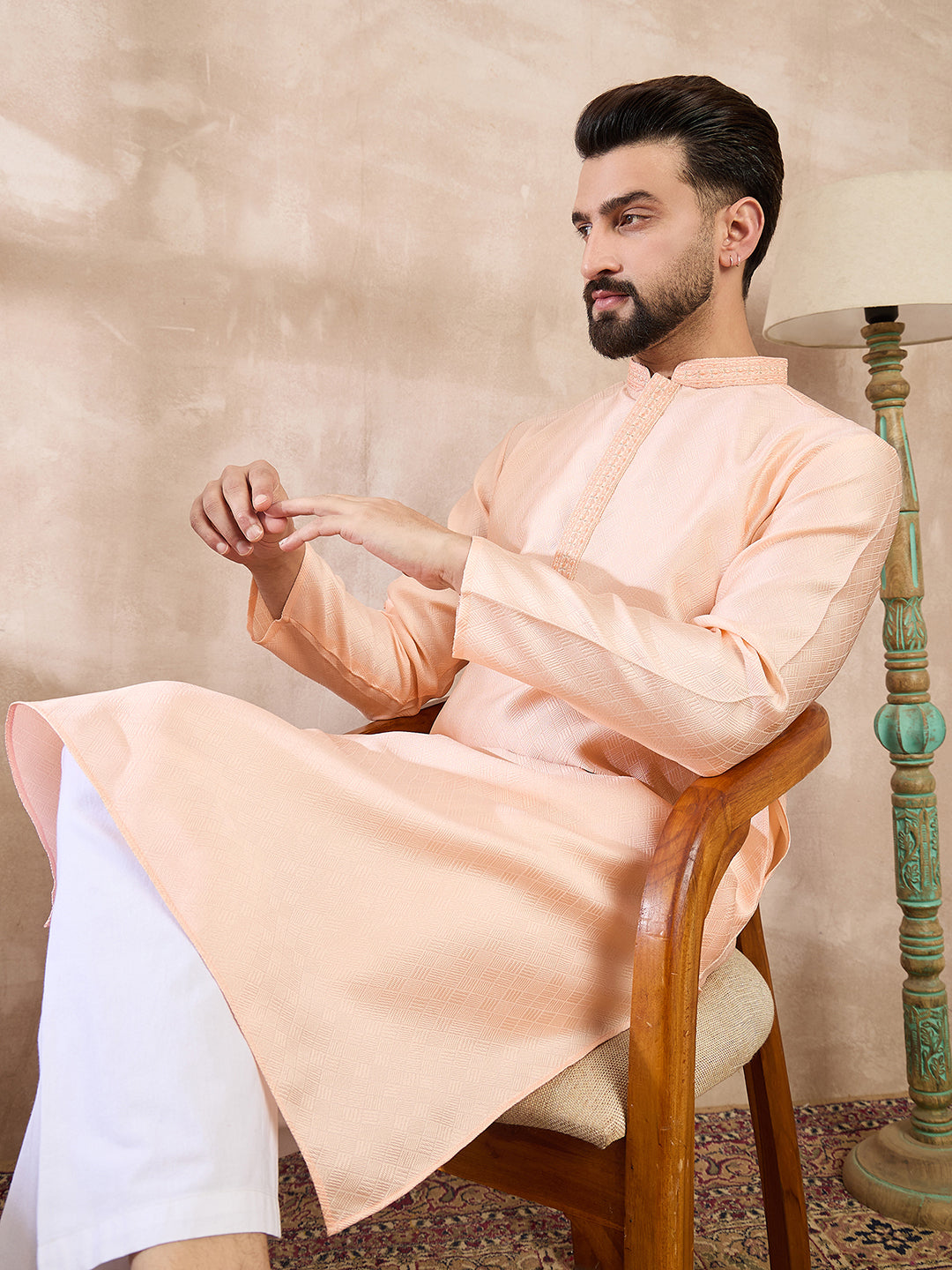 Ethnic Bay Men Peach Silk Blend Solid Embroidered Straight Kurta