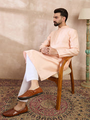Ethnic Bay Men Peach Silk Blend Solid Embroidered Straight Kurta-MKU1739