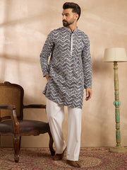Ethnic Bay Men Navy Blue Polyester Batik Embroidered Straight Kurta-MKU1741
