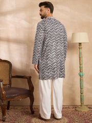 Ethnic Bay Men Navy Blue Polyester Batik Embroidered Straight Kurta-MKU1741
