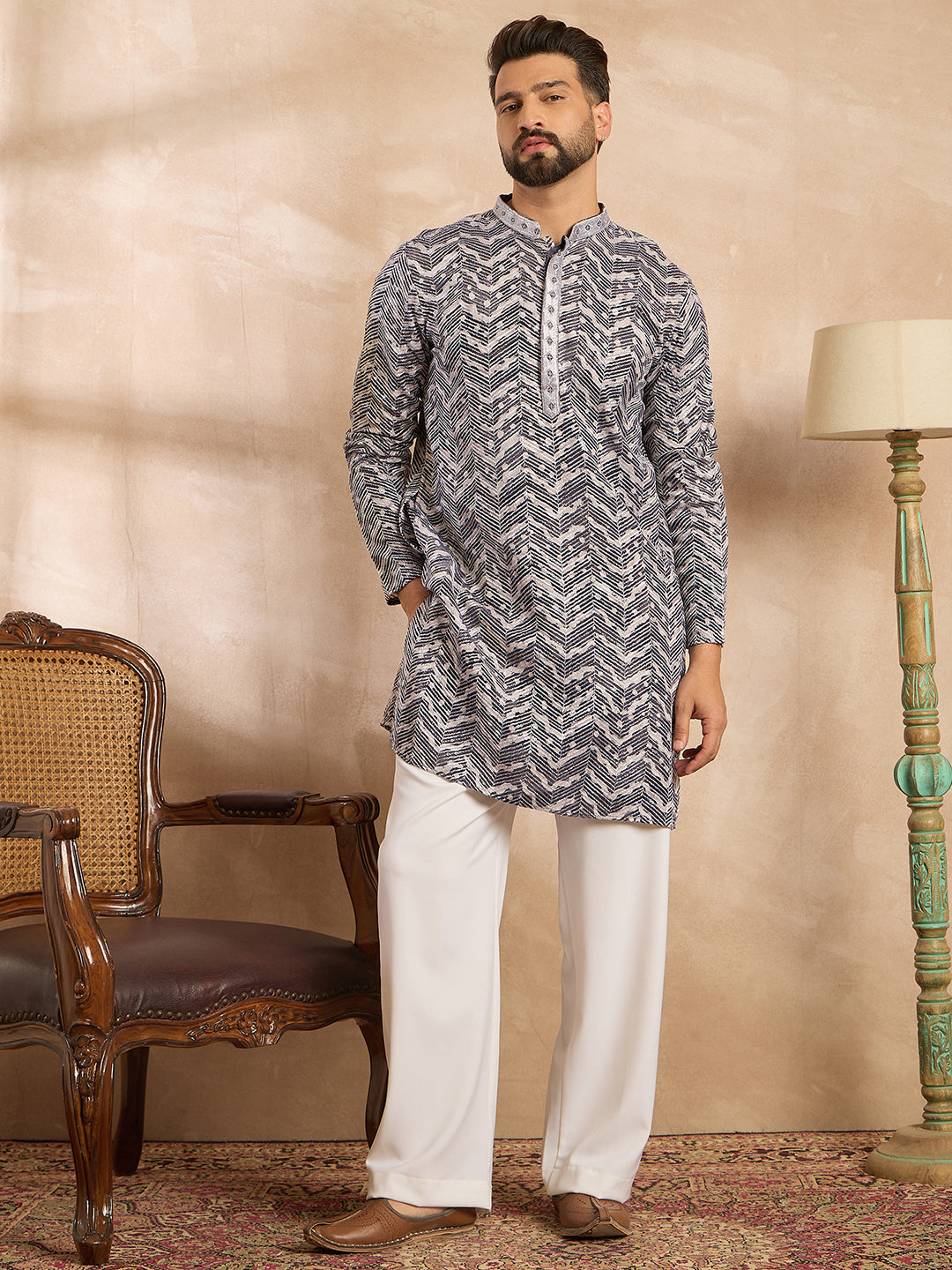 Ethnic Bay Men Navy Blue Polyester Batik Embroidered Straight Kurta