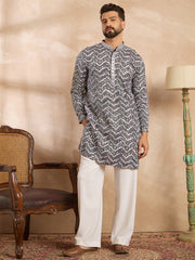 Ethnic Bay Men Navy Blue Polyester Batik Embroidered Straight Kurta-MKU1741