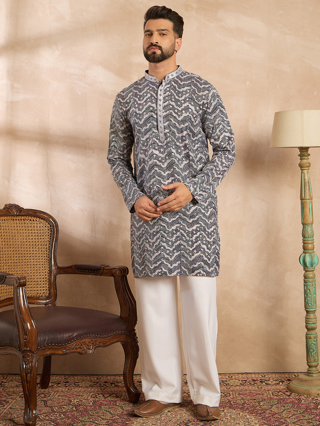Ethnic Bay Men Navy Blue Polyester Batik Embroidered Straight Kurta