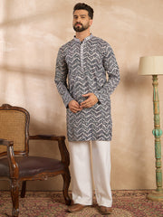 Ethnic Bay Men Navy Blue Polyester Batik Embroidered Straight Kurta-MKU1741