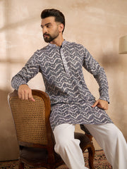 Ethnic Bay Men Navy Blue Polyester Batik Embroidered Straight Kurta-MKU1741