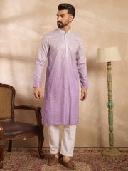 Ethnic Bay Men Lavender Silk Blend Ombre Embroidered Straight Kurta-MKU1752