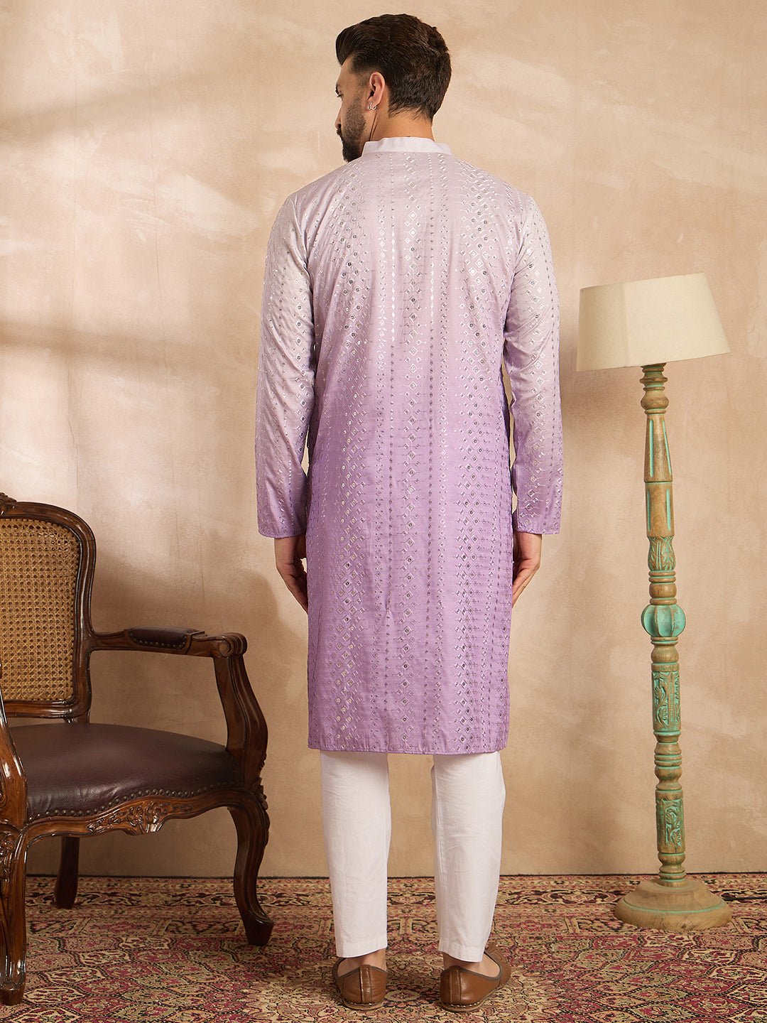 Ethnic Bay Men Lavender Silk Blend Ombre Embroidered Straight Kurta