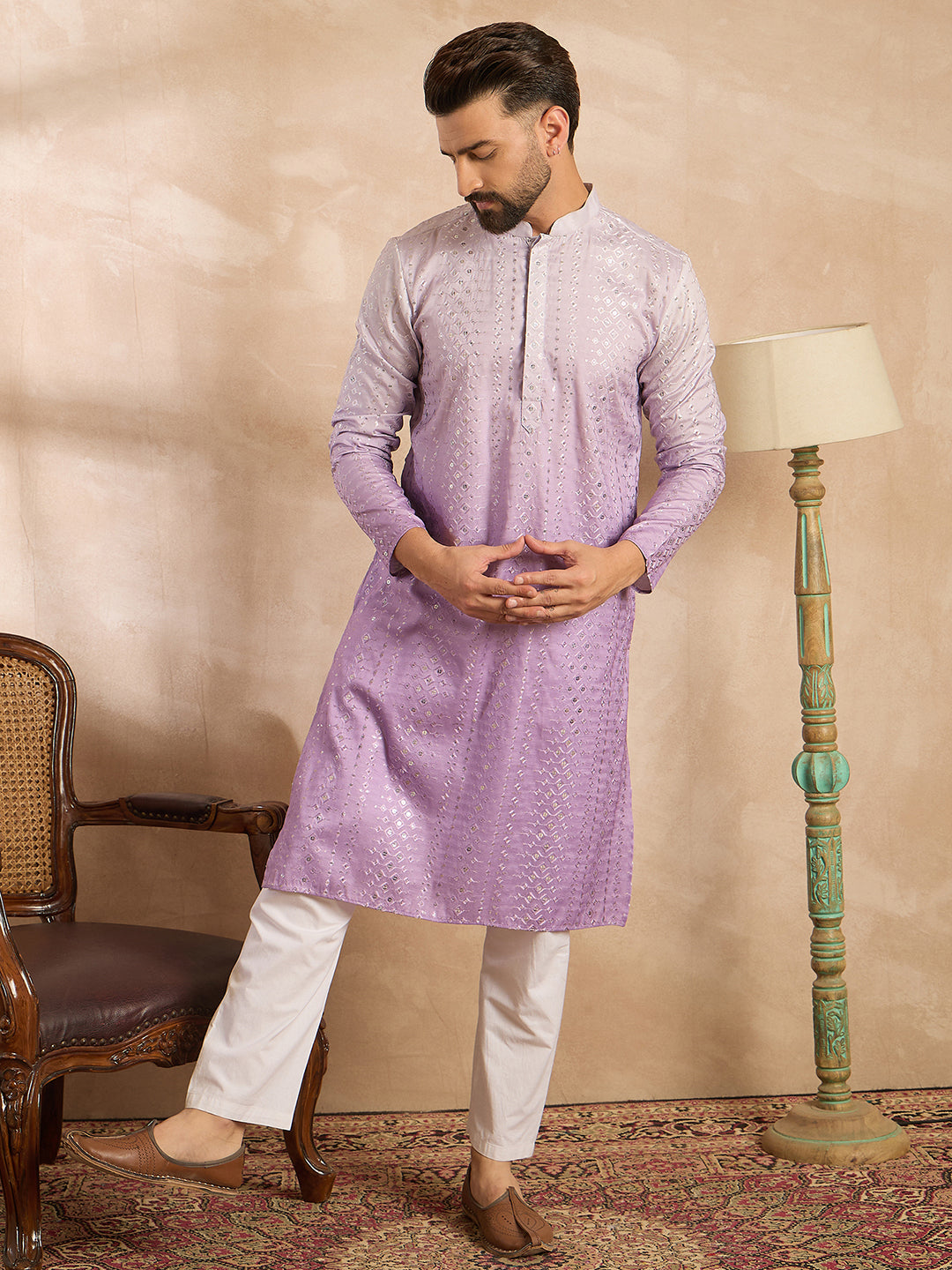 Ethnic Bay Men Lavender Silk Blend Ombre Embroidered Straight Kurta