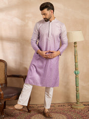 Ethnic Bay Men Lavender Silk Blend Ombre Embroidered Straight Kurta-MKU1752