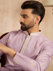 Ethnic Bay Men Lavender Polyester Solid Embroidered Straight Kurta-MKU1753