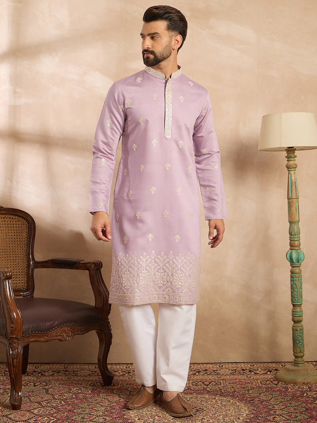Ethnic Bay Men Lavender Polyester Solid Embroidered Straight Kurta