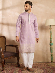 Ethnic Bay Men Lavender Polyester Solid Embroidered Straight Kurta-MKU1753