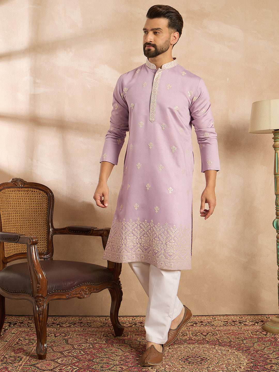 Ethnic Bay Men Lavender Polyester Solid Embroidered Straight Kurta