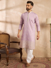Ethnic Bay Men Lavender Polyester Solid Embroidered Straight Kurta-MKU1753
