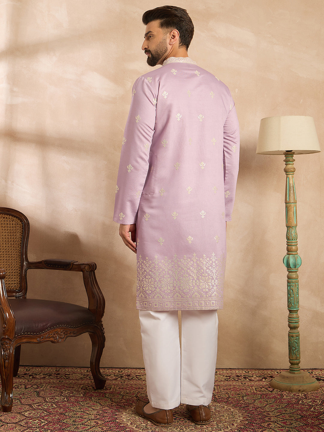 Ethnic Bay Men Lavender Polyester Solid Embroidered Straight Kurta