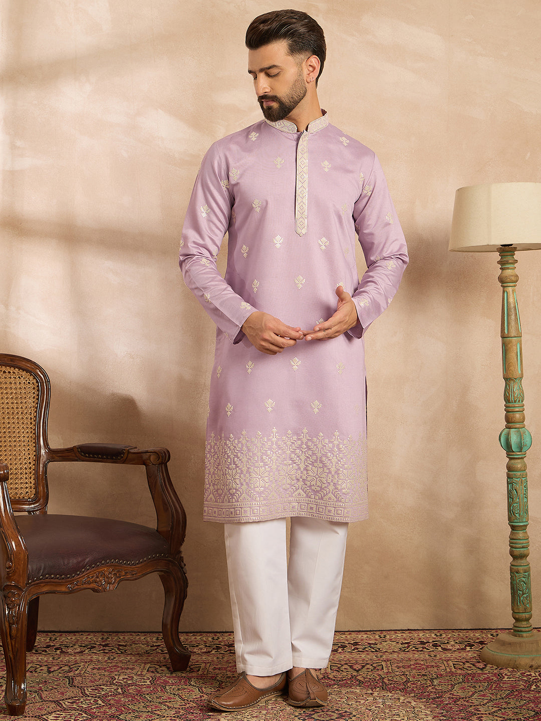 Ethnic Bay Men Lavender Polyester Solid Embroidered Straight Kurta