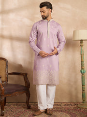 Ethnic Bay Men Lavender Polyester Solid Embroidered Straight Kurta-MKU1753