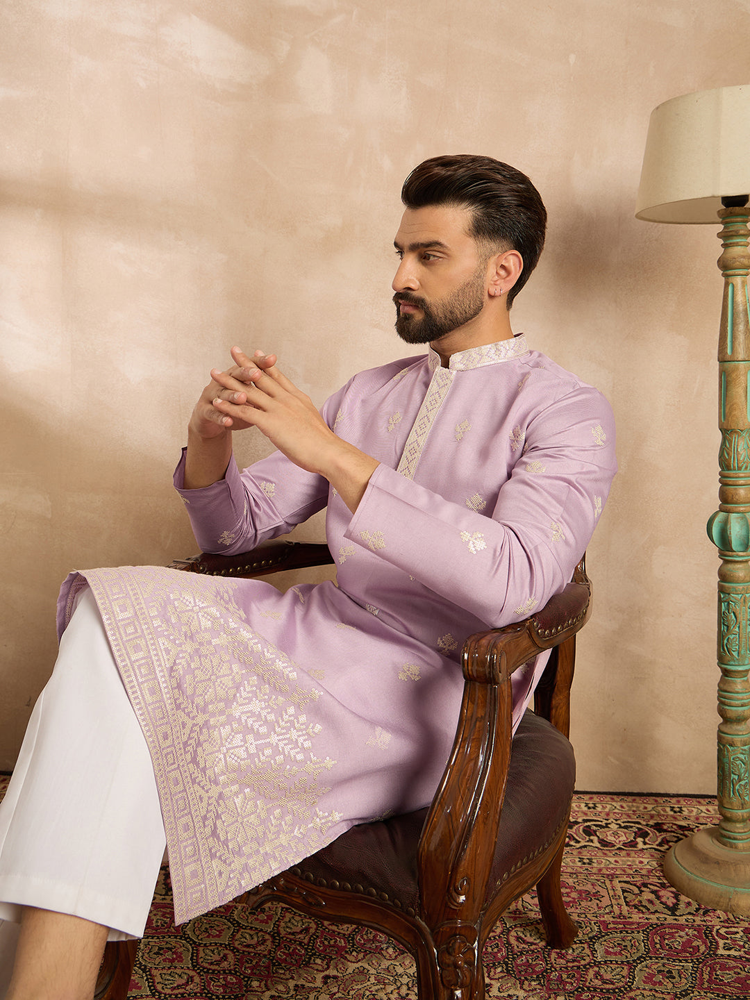 Ethnic Bay Men Lavender Polyester Solid Embroidered Straight Kurta