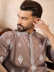 Ethnic Bay Men Beige Silk Blend Solid Embroidered Straight Kurta-MKU1776