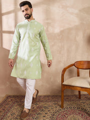 Ethnic Bay Men Green Silk Blend Solid Embroidered Straight Kurta-MKU1777