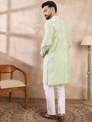 Ethnic Bay Men Green Silk Blend Solid Embroidered Straight Kurta-MKU1777