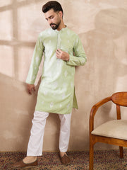 Ethnic Bay Men Green Silk Blend Solid Embroidered Straight Kurta-MKU1777