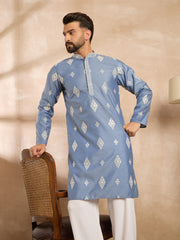 Ethnic Bay Men Blue Silk Blend Solid Embroidered Straight Kurta-MKU1778