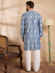 Ethnic Bay Men Blue Silk Blend Solid Embroidered Straight Kurta-MKU1778