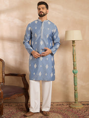 Ethnic Bay Men Blue Silk Blend Solid Embroidered Straight Kurta-MKU1778