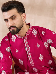 Ethnic Bay Men Maroon Silk Blend Solid Embroidered Straight Kurta-MKU1779