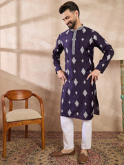 Ethnic Bay Men Purple Silk Blend Solid Embroidered Straight Kurta-MKU1780