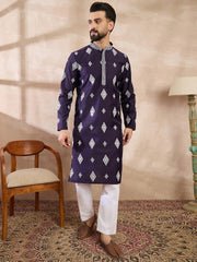 Ethnic Bay Men Purple Silk Blend Solid Embroidered Straight Kurta-MKU1780